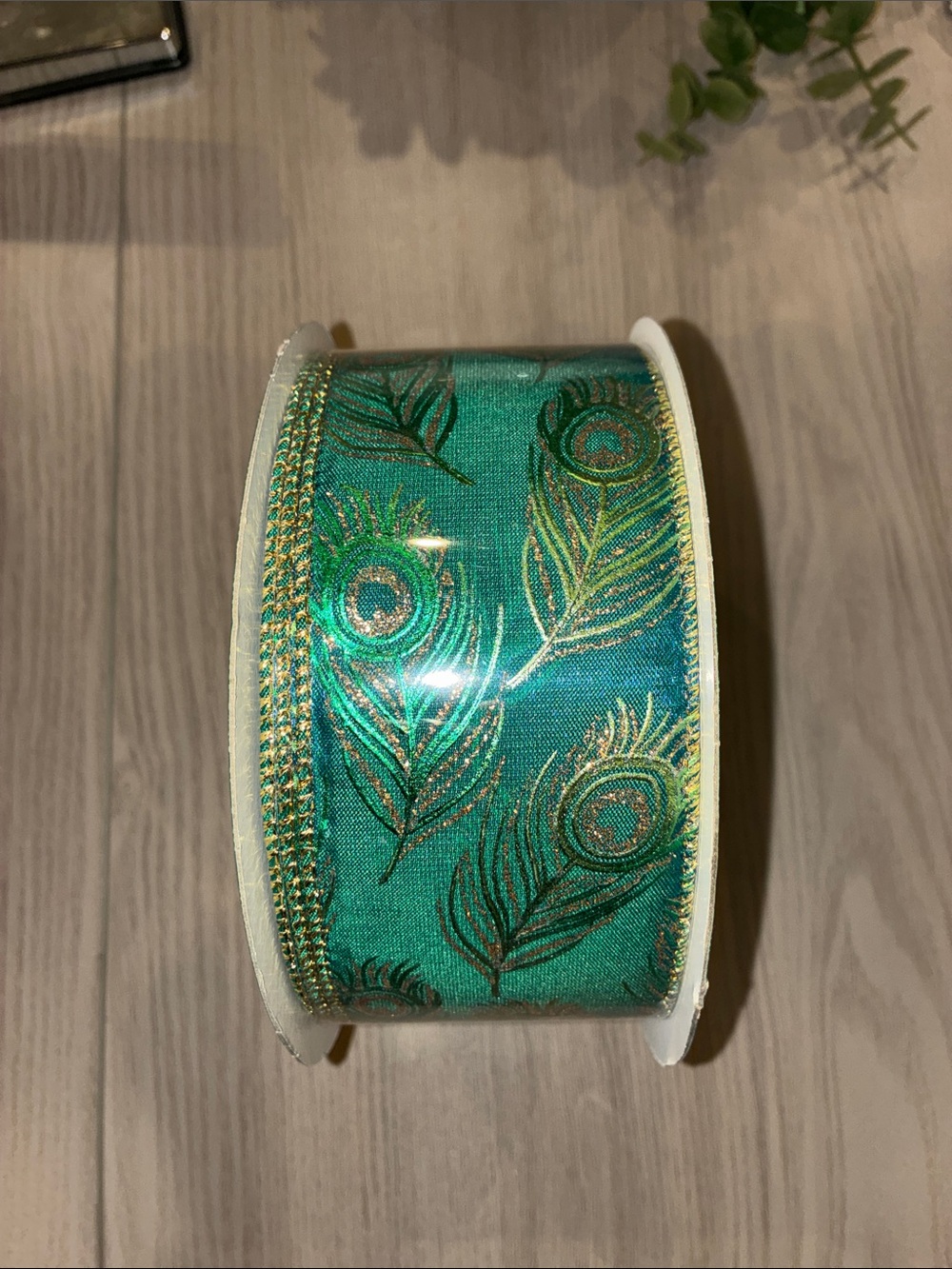 Kirkland Signature Teal Peacock Feather Ribbon with Gold Trim